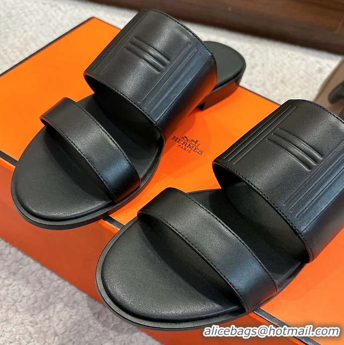 Trendy Design Hermes Mona Black Calfskin Leather Flat Slides Sandals 6053001