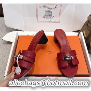 Buy Fashionable Hermes H Oran Kelly Buckle Heeled Slides Sandals Red Calfskin Leather 50MM 6053002