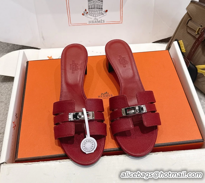 Buy Fashionable Hermes H Oran Kelly Buckle Heeled Slides Sandals Red Calfskin Leather 50MM 6053002