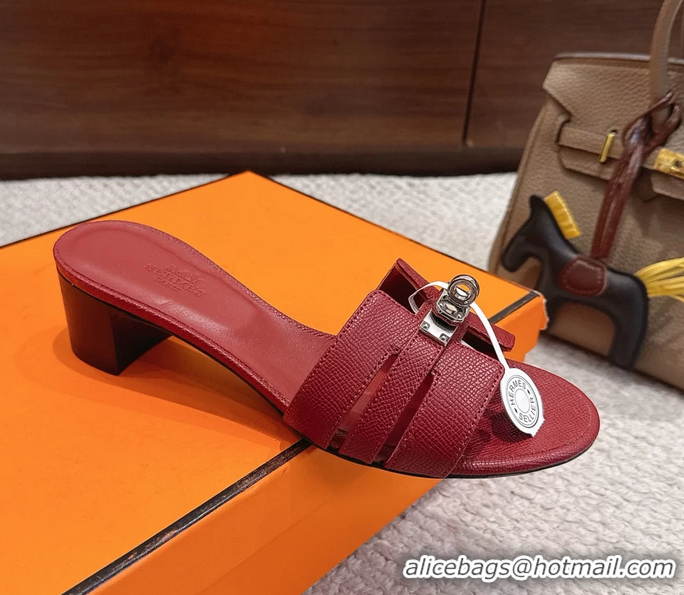 Buy Fashionable Hermes H Oran Kelly Buckle Heeled Slides Sandals Red Calfskin Leather 50MM 6053002