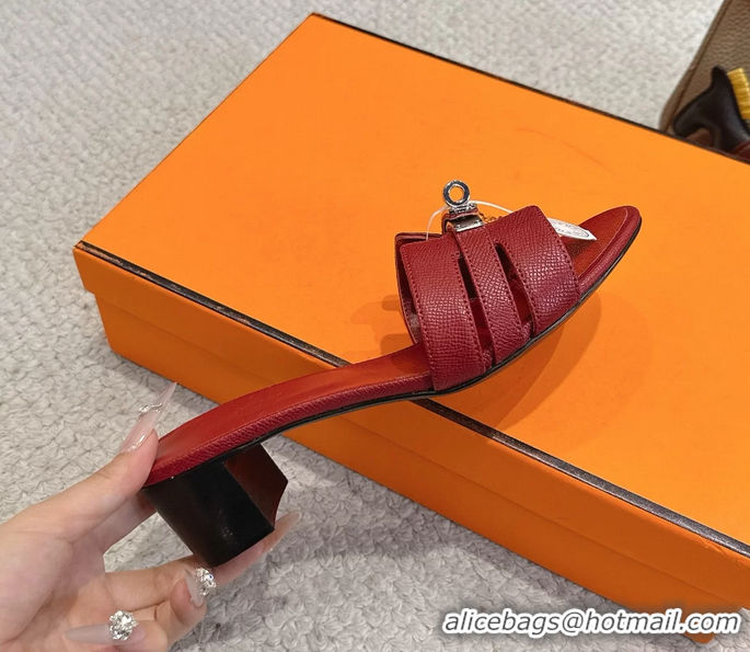 Buy Fashionable Hermes H Oran Kelly Buckle Heeled Slides Sandals Red Calfskin Leather 50MM 6053002