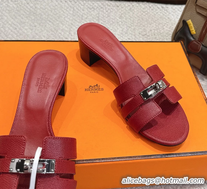 Buy Fashionable Hermes H Oran Kelly Buckle Heeled Slides Sandals Red Calfskin Leather 50MM 6053002
