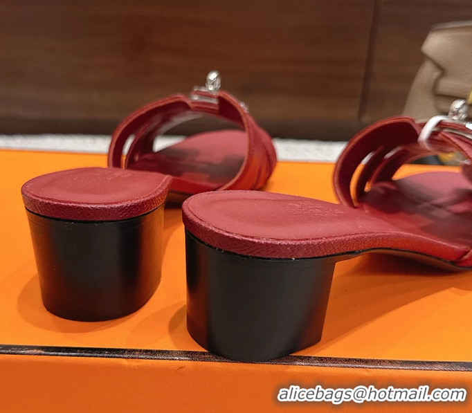 Buy Fashionable Hermes H Oran Kelly Buckle Heeled Slides Sandals Red Calfskin Leather 50MM 6053002