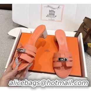 Comfortable Hermes H Oran Kelly Buckle Heeled Slides Sandals Light Pink Calfskin Leather 50MM 6053002