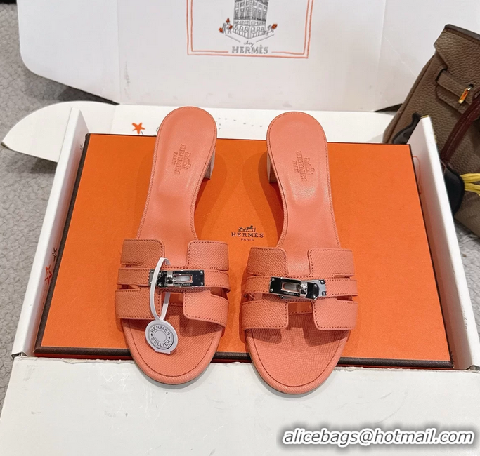 Comfortable Hermes H Oran Kelly Buckle Heeled Slides Sandals Light Pink Calfskin Leather 50MM 6053002
