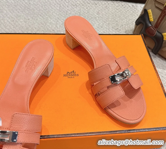 Comfortable Hermes H Oran Kelly Buckle Heeled Slides Sandals Light Pink Calfskin Leather 50MM 6053002