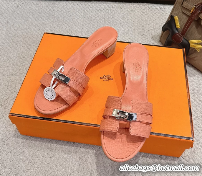 Comfortable Hermes H Oran Kelly Buckle Heeled Slides Sandals Light Pink Calfskin Leather 50MM 6053002