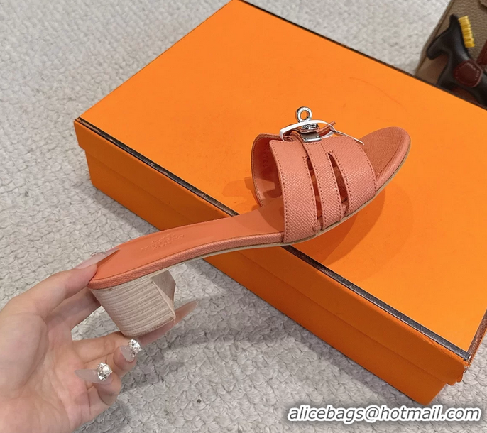 Comfortable Hermes H Oran Kelly Buckle Heeled Slides Sandals Light Pink Calfskin Leather 50MM 6053002
