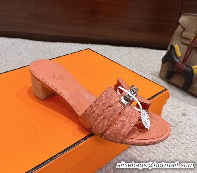 Comfortable Hermes H Oran Kelly Buckle Heeled Slides Sandals Light Pink Calfskin Leather 50MM 6053002