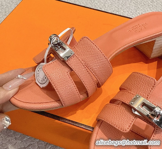 Comfortable Hermes H Oran Kelly Buckle Heeled Slides Sandals Light Pink Calfskin Leather 50MM 6053002