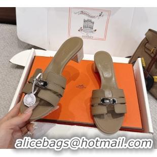 Buy Discount Hermes H Oran Kelly Buckle Heeled Slides Sandals Light Gray Calfskin Leather 50MM 6053002