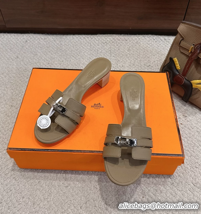 Buy Discount Hermes H Oran Kelly Buckle Heeled Slides Sandals Light Gray Calfskin Leather 50MM 6053002