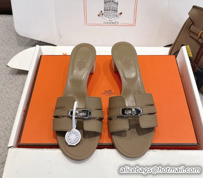 Buy Discount Hermes H Oran Kelly Buckle Heeled Slides Sandals Light Gray Calfskin Leather 50MM 6053002