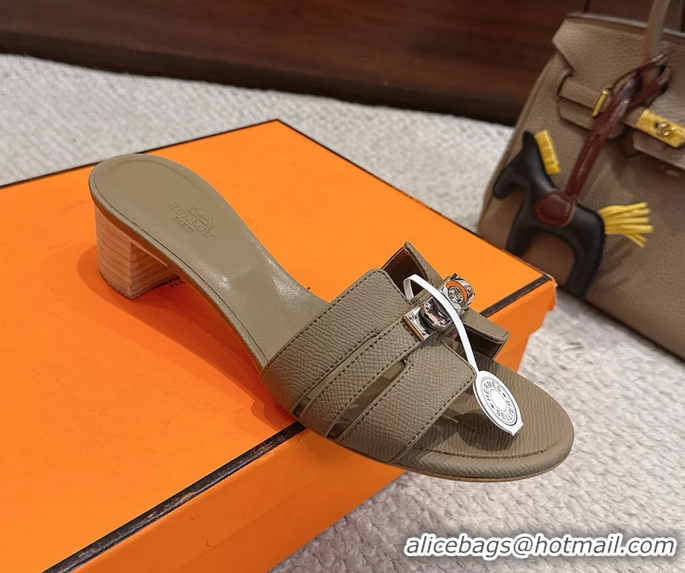 Buy Discount Hermes H Oran Kelly Buckle Heeled Slides Sandals Light Gray Calfskin Leather 50MM 6053002