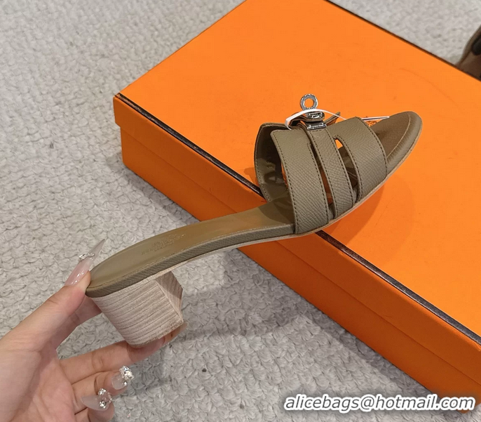 Buy Discount Hermes H Oran Kelly Buckle Heeled Slides Sandals Light Gray Calfskin Leather 50MM 6053002