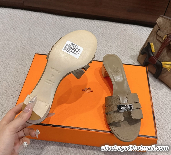 Buy Discount Hermes H Oran Kelly Buckle Heeled Slides Sandals Light Gray Calfskin Leather 50MM 6053002