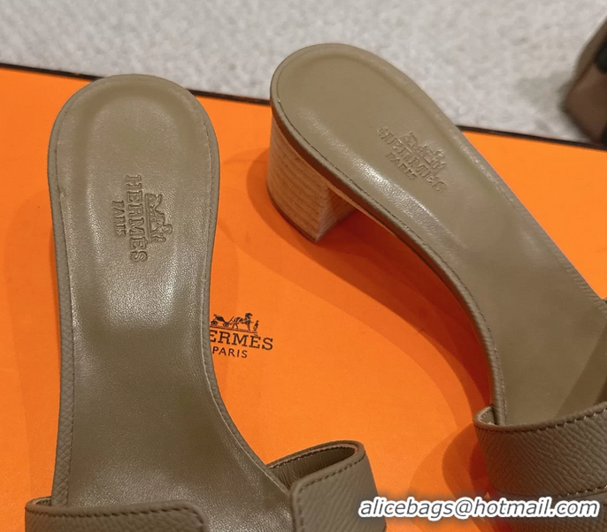 Buy Discount Hermes H Oran Kelly Buckle Heeled Slides Sandals Light Gray Calfskin Leather 50MM 6053002