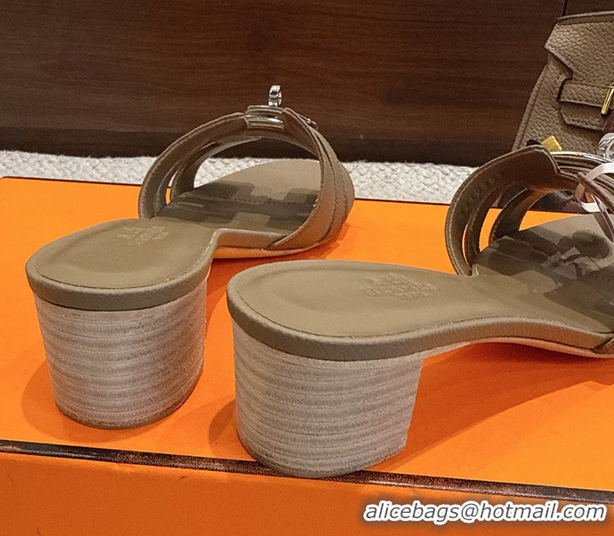 Buy Discount Hermes H Oran Kelly Buckle Heeled Slides Sandals Light Gray Calfskin Leather 50MM 6053002