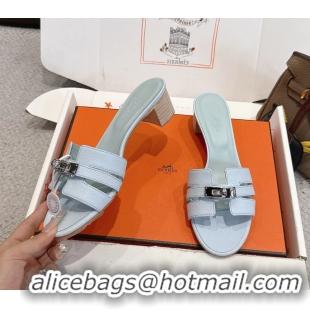 Durable Hermes H Oran Kelly Buckle Heeled Slides Sandals Light Blue Calfskin Leather 50MM 6053002