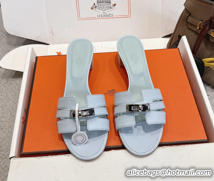 Durable Hermes H Oran Kelly Buckle Heeled Slides Sandals Light Blue Calfskin Leather 50MM 6053002