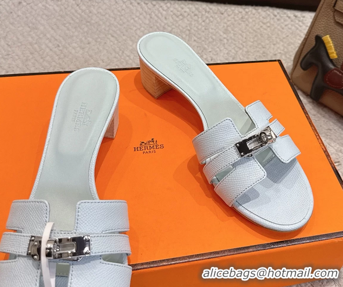 Durable Hermes H Oran Kelly Buckle Heeled Slides Sandals Light Blue Calfskin Leather 50MM 6053002