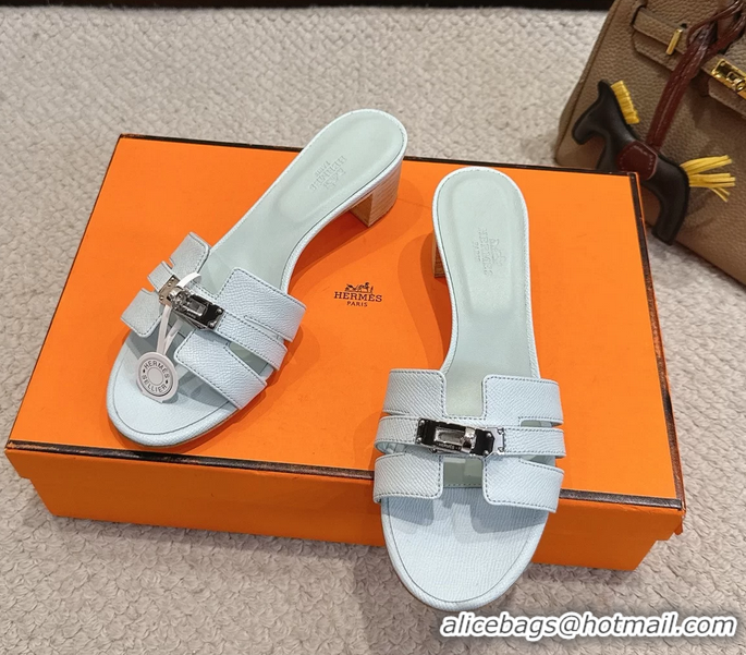 Durable Hermes H Oran Kelly Buckle Heeled Slides Sandals Light Blue Calfskin Leather 50MM 6053002