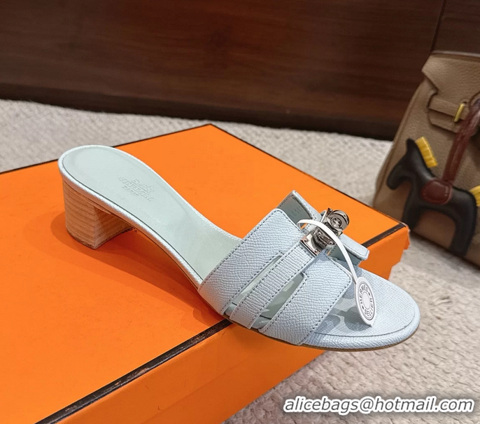 Durable Hermes H Oran Kelly Buckle Heeled Slides Sandals Light Blue Calfskin Leather 50MM 6053002