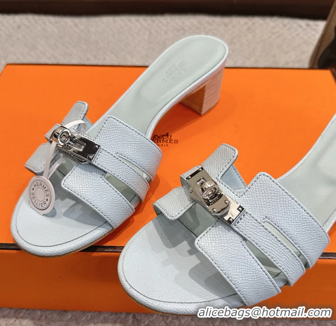 Durable Hermes H Oran Kelly Buckle Heeled Slides Sandals Light Blue Calfskin Leather 50MM 6053002