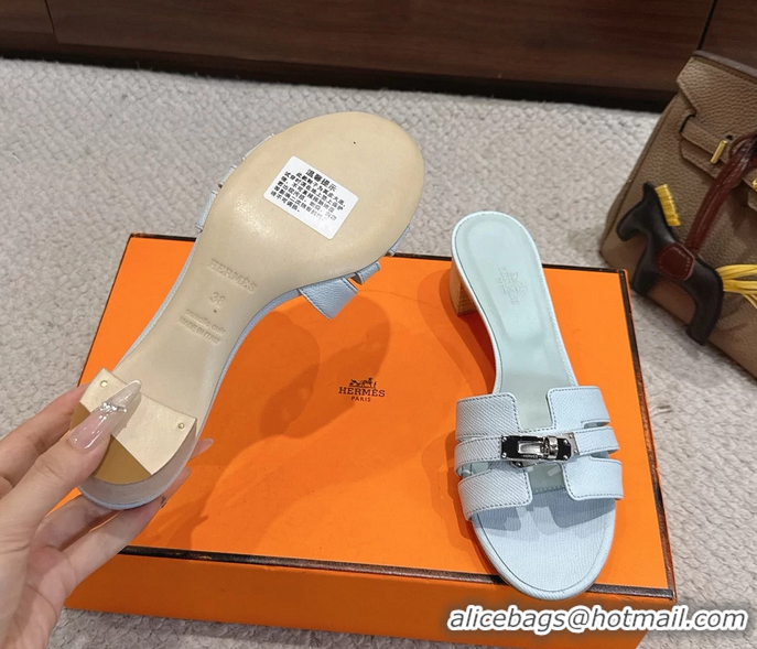 Durable Hermes H Oran Kelly Buckle Heeled Slides Sandals Light Blue Calfskin Leather 50MM 6053002