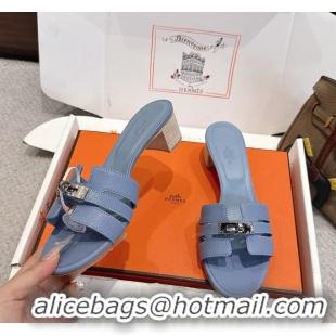 Grade Quality Hermes H Oran Kelly Buckle Heeled Slides Sandals Light Blue Calfskin Leather 50MM 6053002