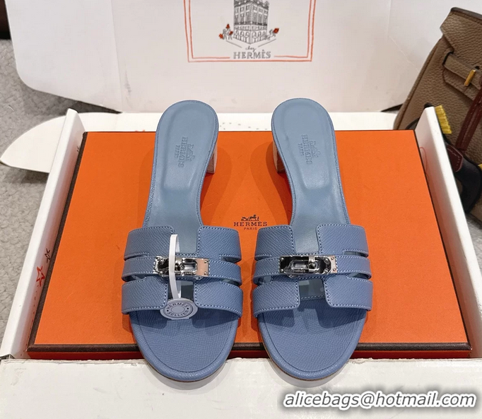 Grade Quality Hermes H Oran Kelly Buckle Heeled Slides Sandals Light Blue Calfskin Leather 50MM 6053002