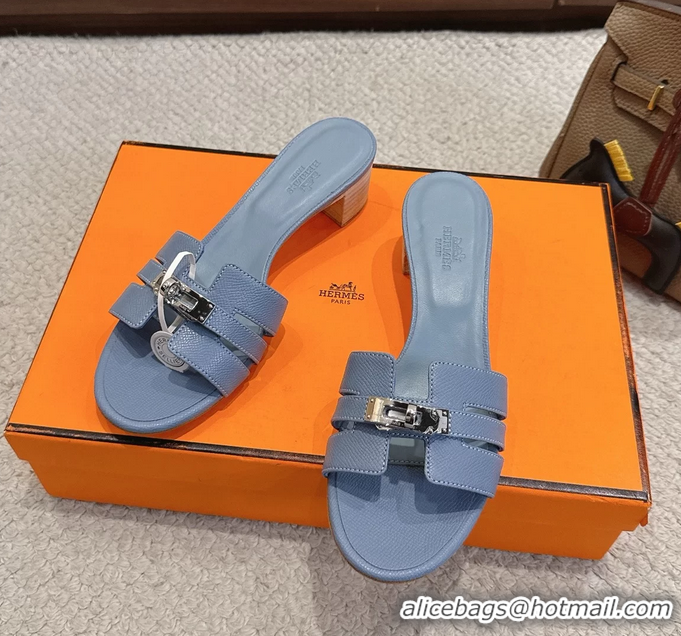 Grade Quality Hermes H Oran Kelly Buckle Heeled Slides Sandals Light Blue Calfskin Leather 50MM 6053002