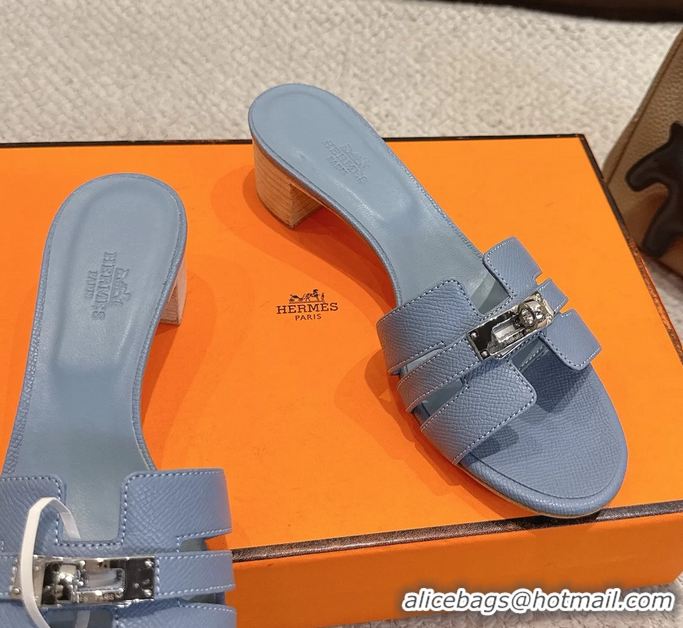 Grade Quality Hermes H Oran Kelly Buckle Heeled Slides Sandals Light Blue Calfskin Leather 50MM 6053002