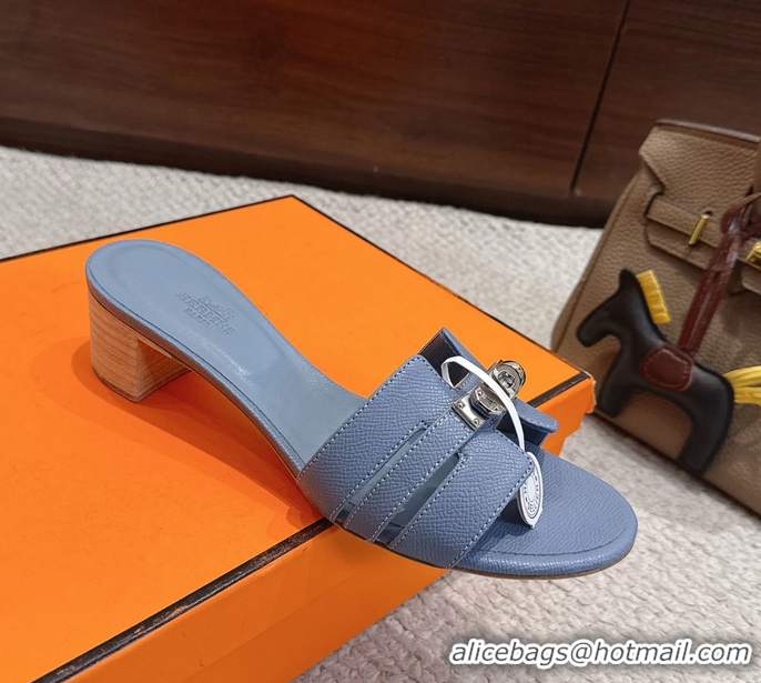 Grade Quality Hermes H Oran Kelly Buckle Heeled Slides Sandals Light Blue Calfskin Leather 50MM 6053002