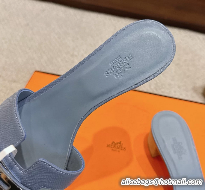 Grade Quality Hermes H Oran Kelly Buckle Heeled Slides Sandals Light Blue Calfskin Leather 50MM 6053002