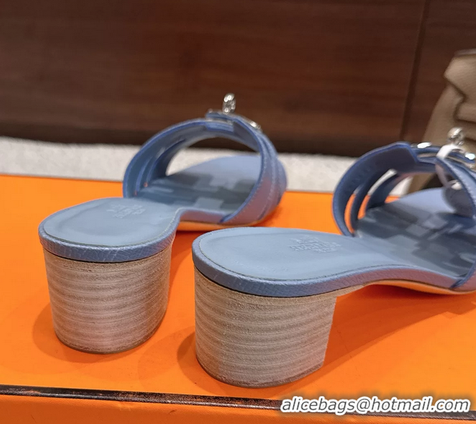 Grade Quality Hermes H Oran Kelly Buckle Heeled Slides Sandals Light Blue Calfskin Leather 50MM 6053002