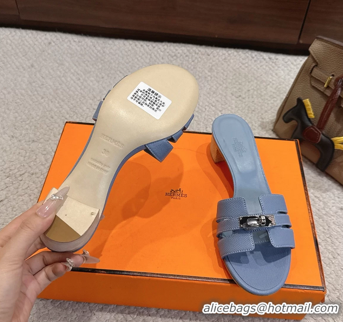 Grade Quality Hermes H Oran Kelly Buckle Heeled Slides Sandals Light Blue Calfskin Leather 50MM 6053002