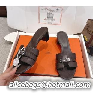 Buy Discount Hermes H Oran Kelly Buckle Heeled Slides Sandals Dark Brown Calfskin Leather 50MM 6053002