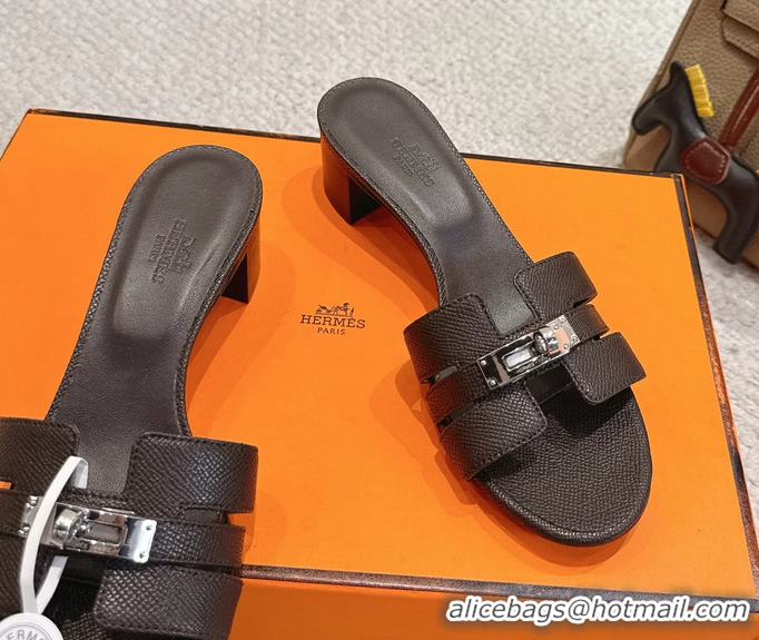 Buy Discount Hermes H Oran Kelly Buckle Heeled Slides Sandals Dark Brown Calfskin Leather 50MM 6053002