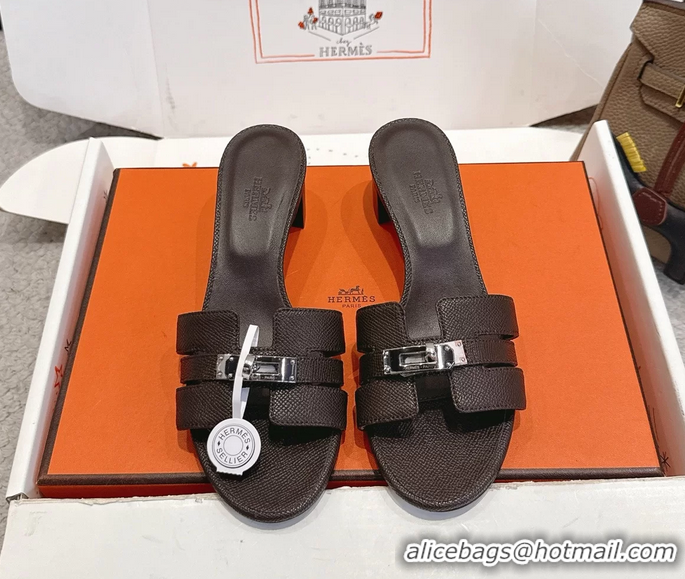 Buy Discount Hermes H Oran Kelly Buckle Heeled Slides Sandals Dark Brown Calfskin Leather 50MM 6053002