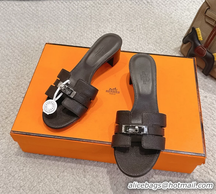 Buy Discount Hermes H Oran Kelly Buckle Heeled Slides Sandals Dark Brown Calfskin Leather 50MM 6053002
