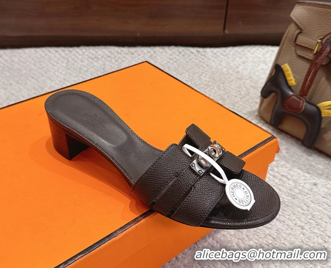 Buy Discount Hermes H Oran Kelly Buckle Heeled Slides Sandals Dark Brown Calfskin Leather 50MM 6053002