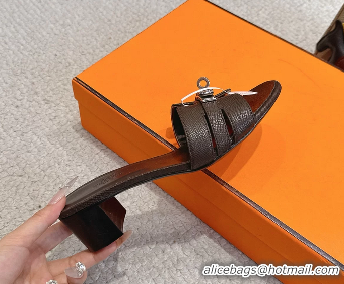 Buy Discount Hermes H Oran Kelly Buckle Heeled Slides Sandals Dark Brown Calfskin Leather 50MM 6053002