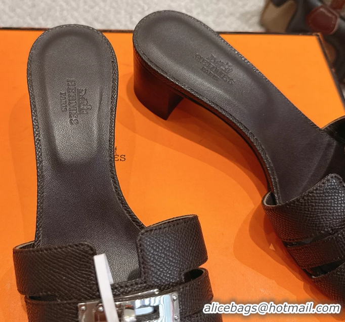 Buy Discount Hermes H Oran Kelly Buckle Heeled Slides Sandals Dark Brown Calfskin Leather 50MM 6053002