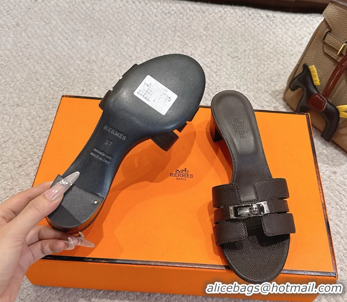 Buy Discount Hermes H Oran Kelly Buckle Heeled Slides Sandals Dark Brown Calfskin Leather 50MM 6053002