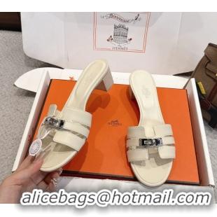 Discount Hermes H Oran Kelly Buckle Heeled Slides Sandals Cream Calfskin Leather 50MM 6053002