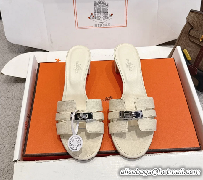 Discount Hermes H Oran Kelly Buckle Heeled Slides Sandals Cream Calfskin Leather 50MM 6053002