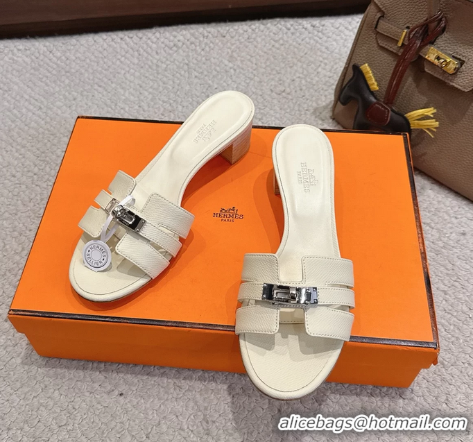 Discount Hermes H Oran Kelly Buckle Heeled Slides Sandals Cream Calfskin Leather 50MM 6053002