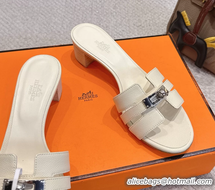 Discount Hermes H Oran Kelly Buckle Heeled Slides Sandals Cream Calfskin Leather 50MM 6053002