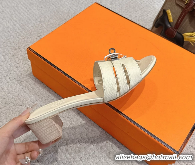 Discount Hermes H Oran Kelly Buckle Heeled Slides Sandals Cream Calfskin Leather 50MM 6053002